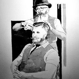'At the barbershop' pen&inkt, 40x50 cm